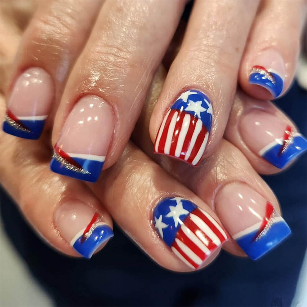 4th of July Press On Nails with American Flag Design, Reusable Fake Acrylic Nails 24pcs