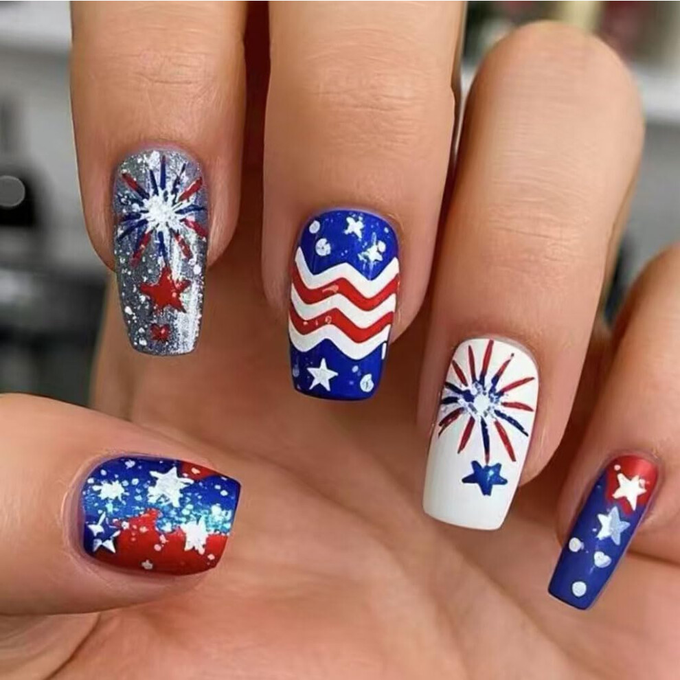 Silver 4Th Of July Press On Nails Medium Square Fake Nails With Stars Acrylic Independence Day Set 24Pcs