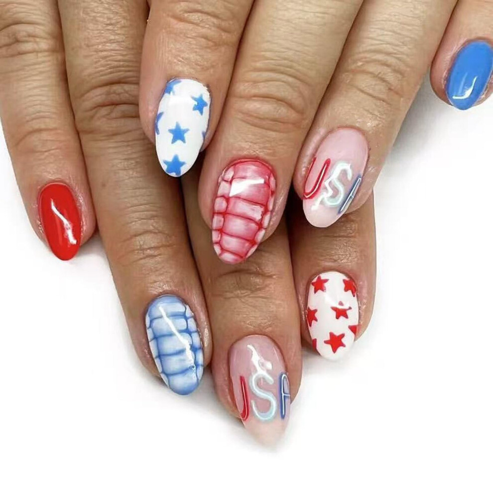 Blue,White,Red 4Th Of July Press On Nails Red White Blue Patriotic Star Design Fake Nails Glossy 24Pcs