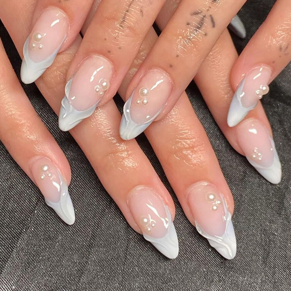 White French Tip Press On Nails Short Almond Fake Nails with Pearl Design Glossy Nude Full Cover 24Pcs