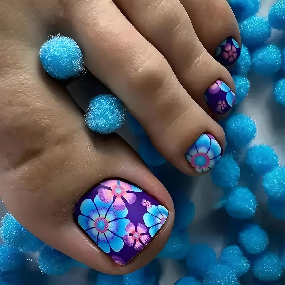 24Pcs Press On Toenails for Women, Flower Design Acrylic Fake Toenails, Reusable Summer Set