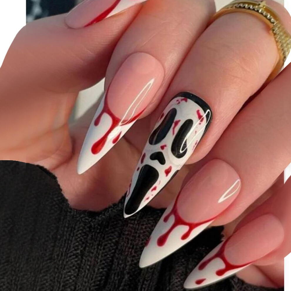 Halloween Press On Nails Long Stiletto Fake Nails with Red Blood Drip Terror Face Design for Women