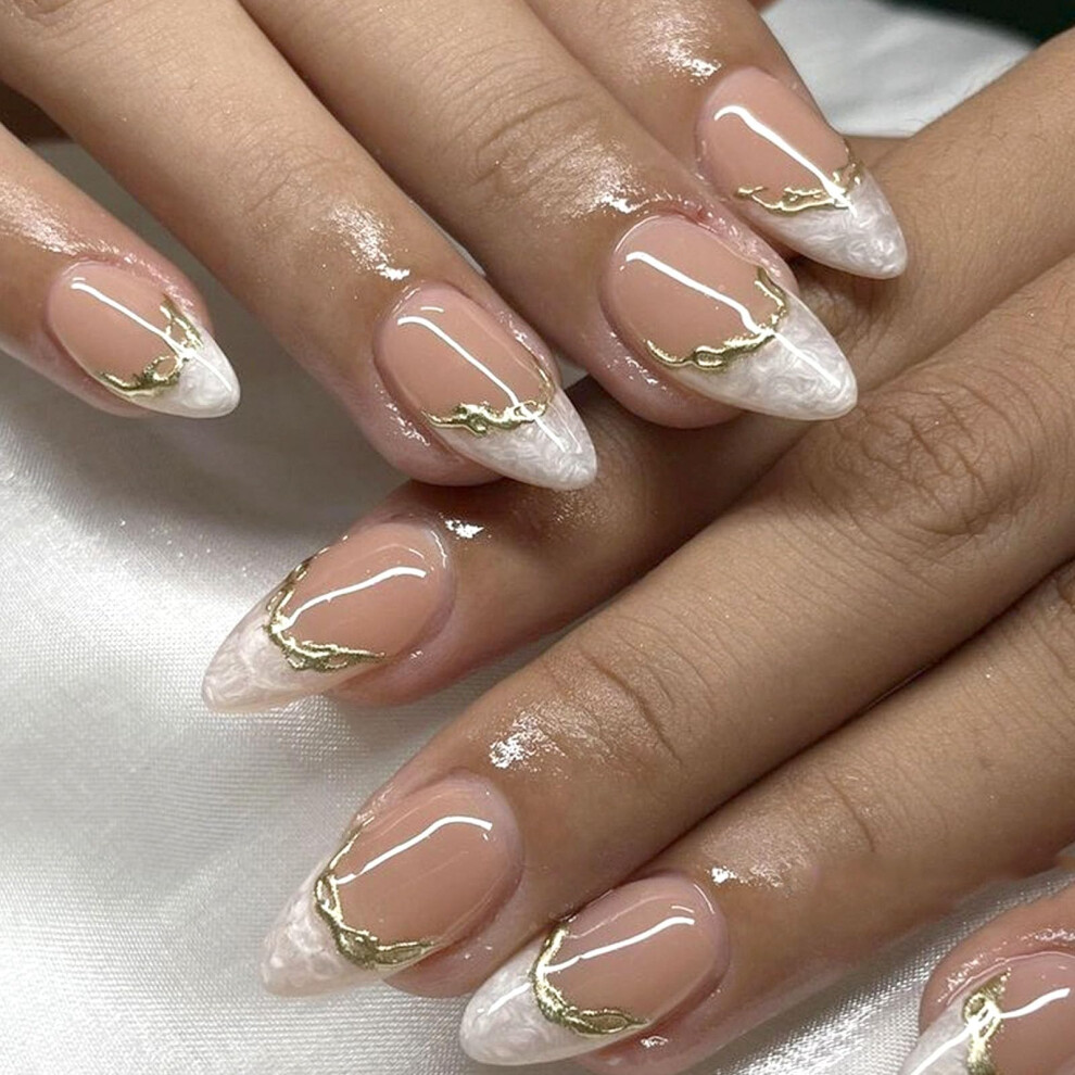 White,Gold White French Tip Press On Nails Short Almond Fake Nails With Gold Swirl Glossy Glue On 24Pcs