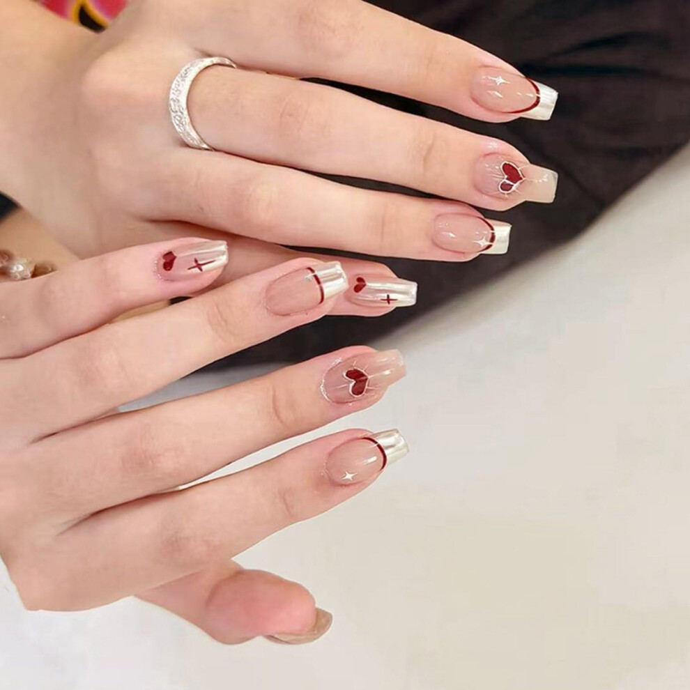 Short Square French Tip Press On Nails with Valentine Heart Design, 24pc False Nail Set