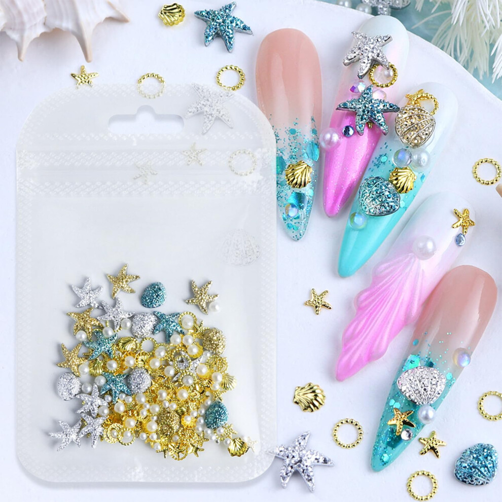 Summer Ocean Nail Charms 3D Resin Seashell and Starfish Decorations with Pearls for DIY Manicure