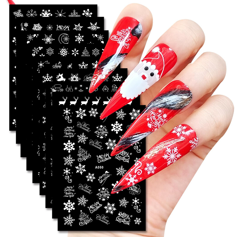 White 9 Sheets Christmas Nail Art Stickers Set With Santa Claus And Snowflake Designs, Selfadhesive Holiday Nail Decals For Diy Acrylic Manicure