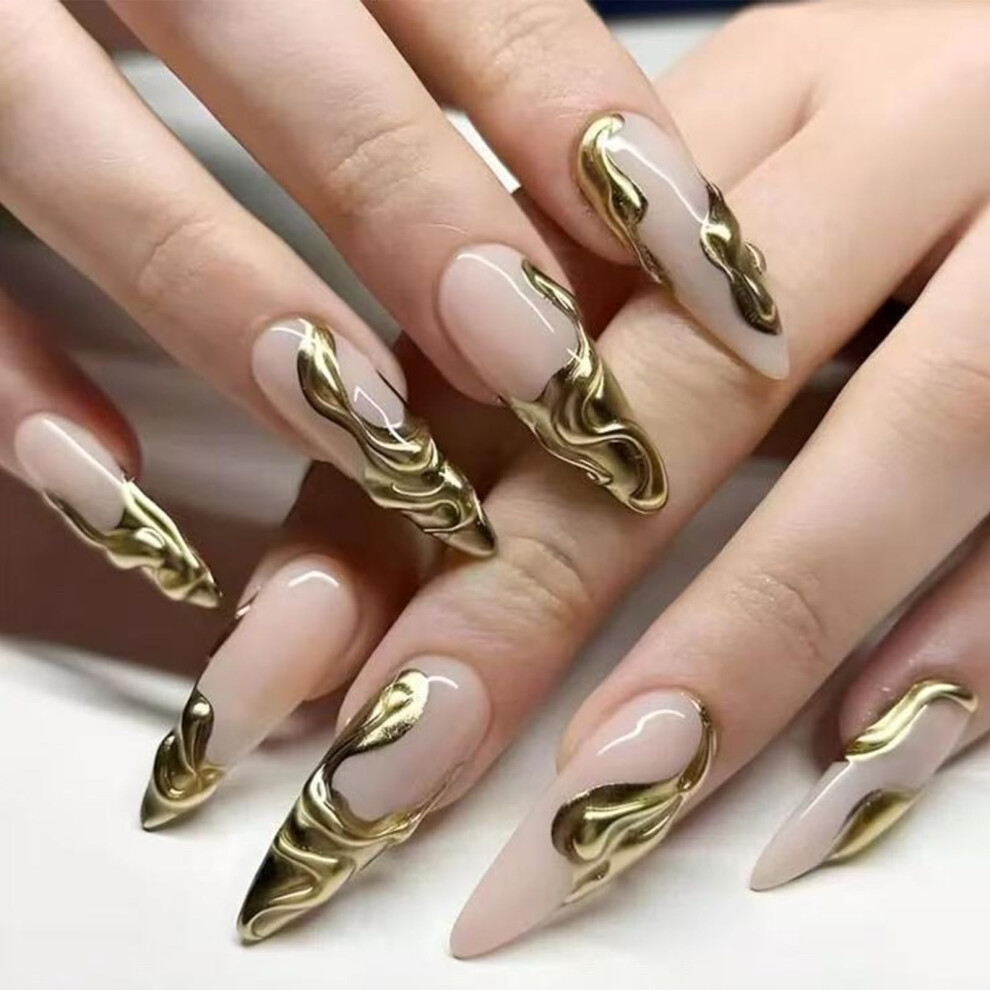 Long Stiletto Press on Nails Nude Glossy with 3D Gold Designs Reusable Acrylic 24pcs for Women