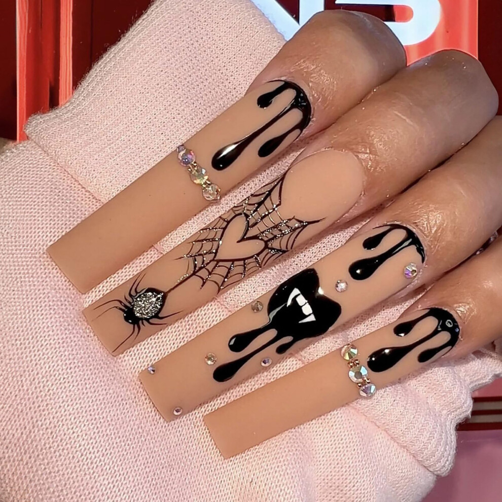 Halloween Press On Nails Long Square Fake Nails with Glitter Spider Web Blood Design Rhinestones 24pcs