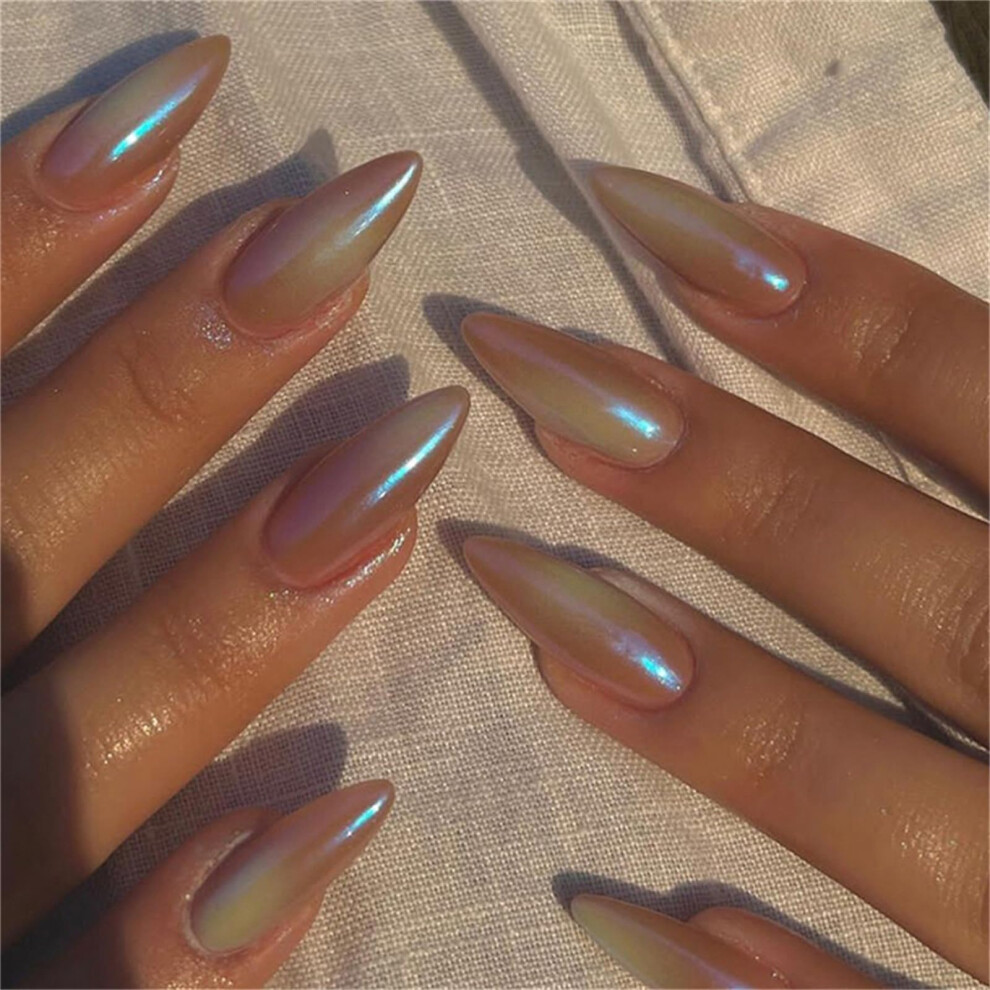 24pcs Colorful Aurora Press On Nails Set Short Almond Fake Nails for Women Easy Application Reusable
