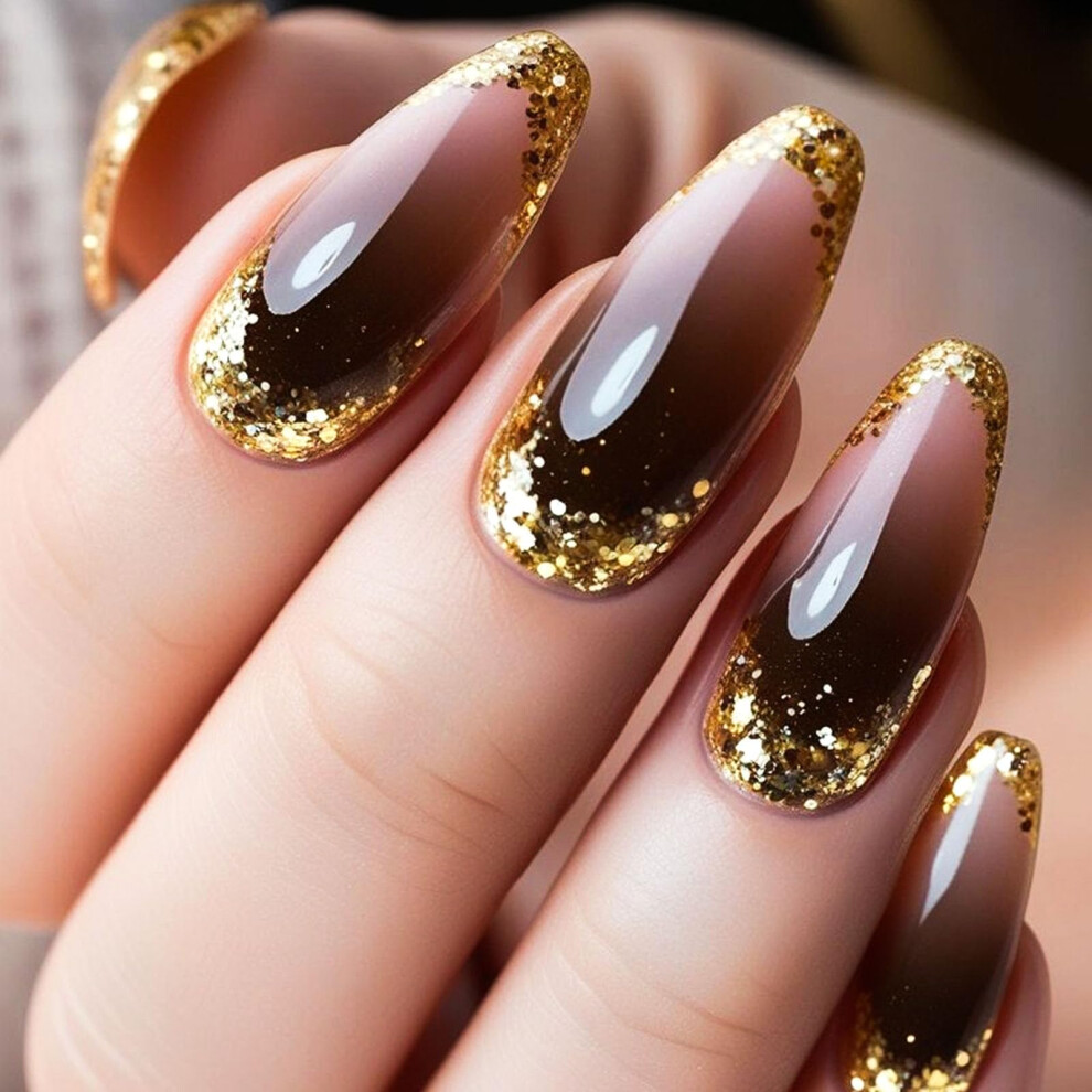 White,Gold Medium Almond Press On Nails White Gradient Gold Glitter Fake Nails Glossy Acrylic 24Pcs For Women