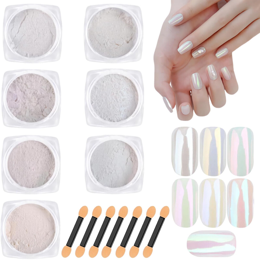 White Pearl Chrome Nail Powder Set, 7 Colors Aurora Pigment With Mirror And Holographic Iridescent Effect For Diy Nail Art