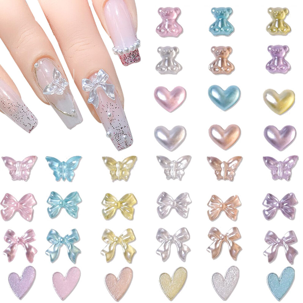 100 PCS Resin Nail Charms Set  Cute 3D Bear Heart Butterfly Bow Decorations for Manicure