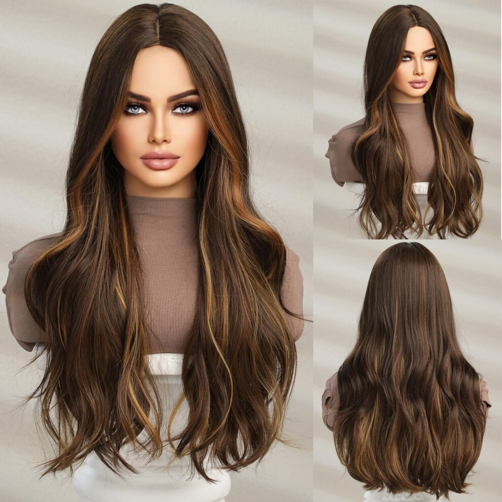 Long Brown Wavy Wig for Women 26 Inch Synthetic Heat Resistant Tangle Natural Scalp Look