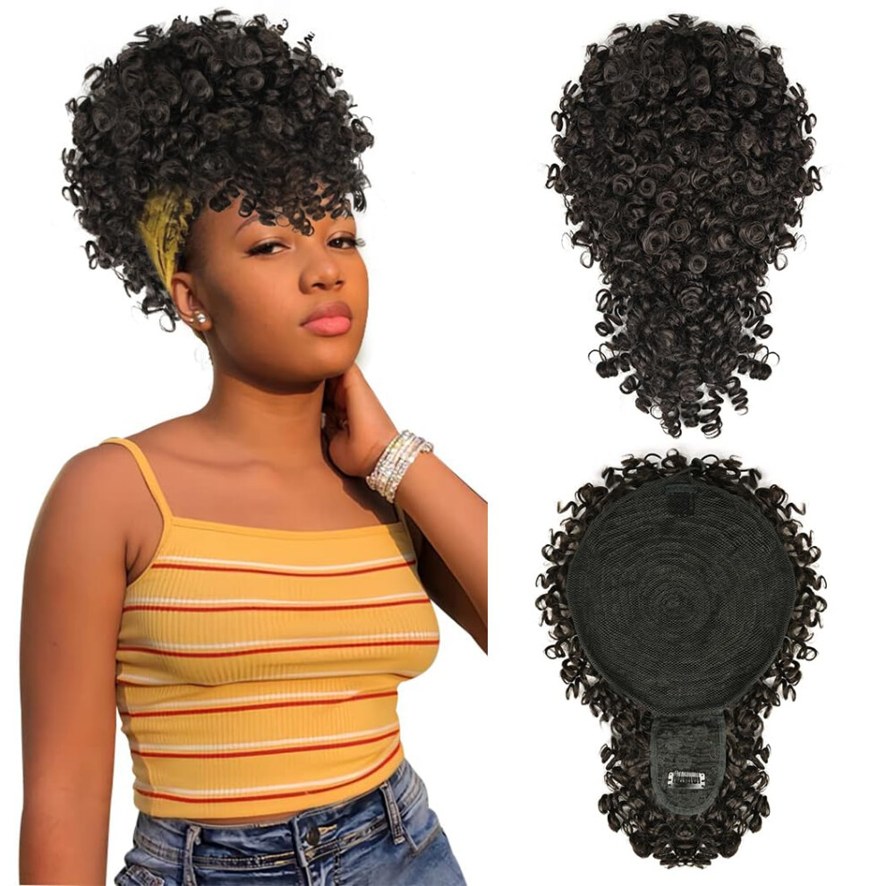 Unisex Black,Brown Black Brown Afro Puff Drawstring Ponytail With Bangs, Short Kinky Curly Bun For Black Women