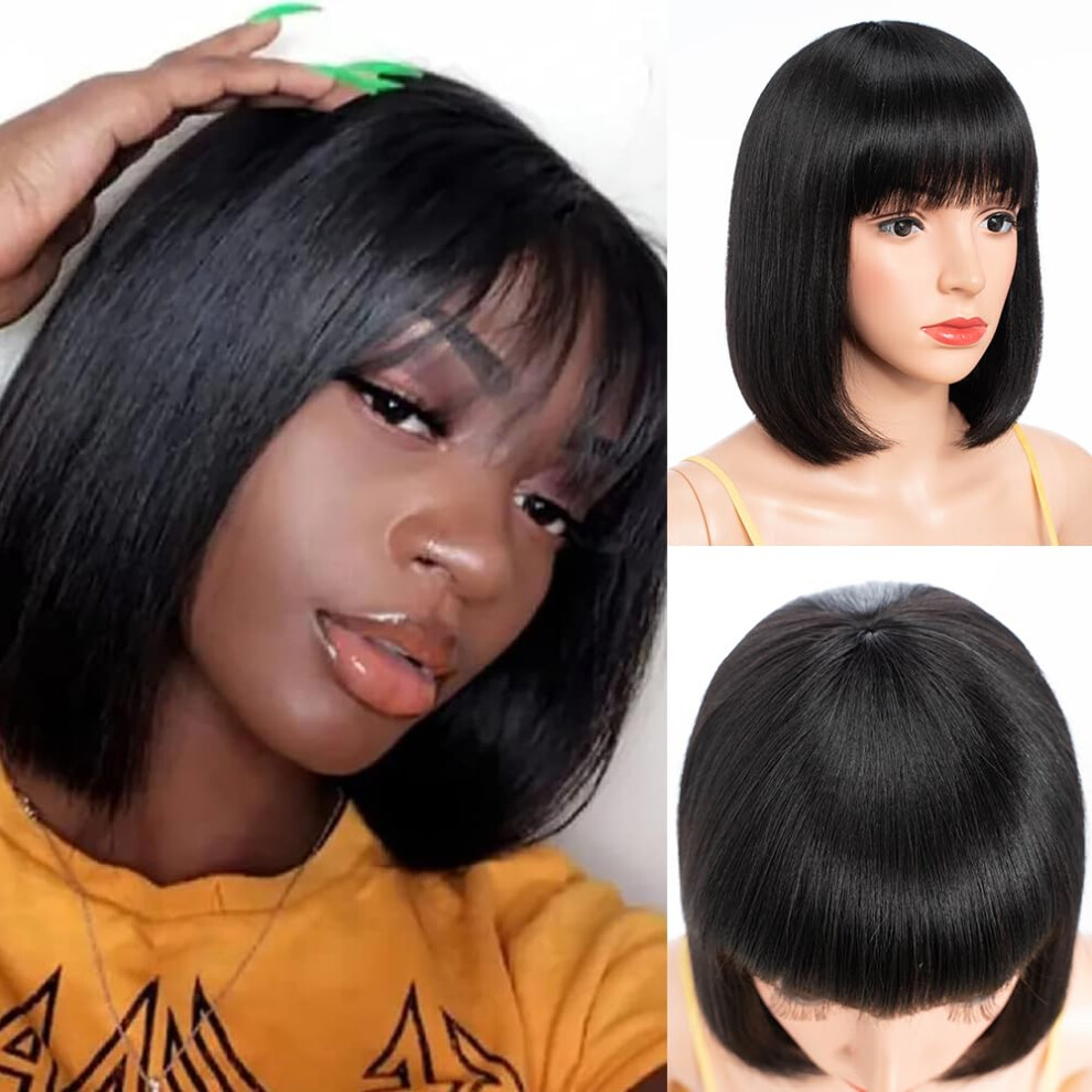 Unisex Natural Human Hair Short Bob Wig With Bangs, Glueless PreâPlucked Soft Yaki Straight 10 Inch 1B
