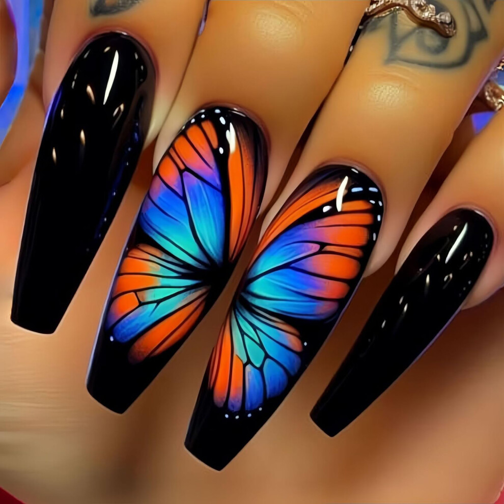 Long Coffin Press on Nails Gradient Butterfly Design Reusable Acrylic Fake Nails for Women