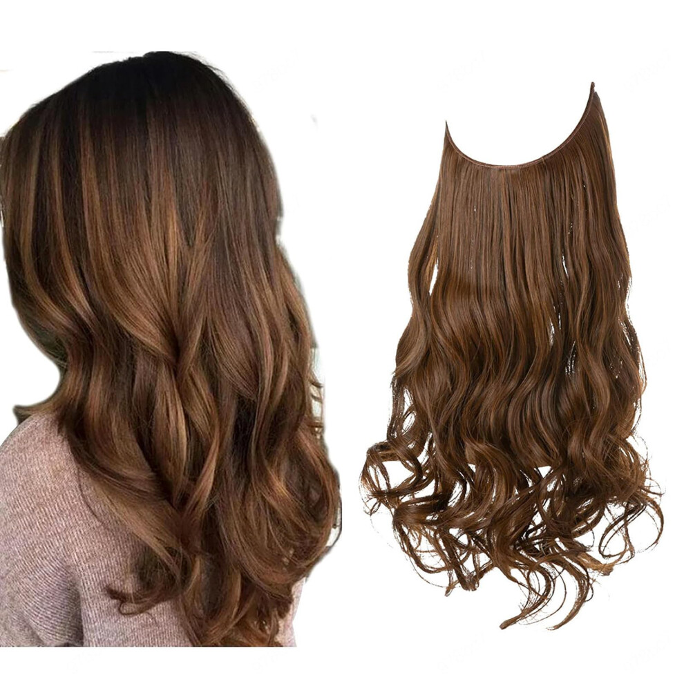 Unisex Black Invisible Wire Hair Extensions For Women, Long Wavy Synthetic Hairpiece 14Inch, Seamless Natural Look