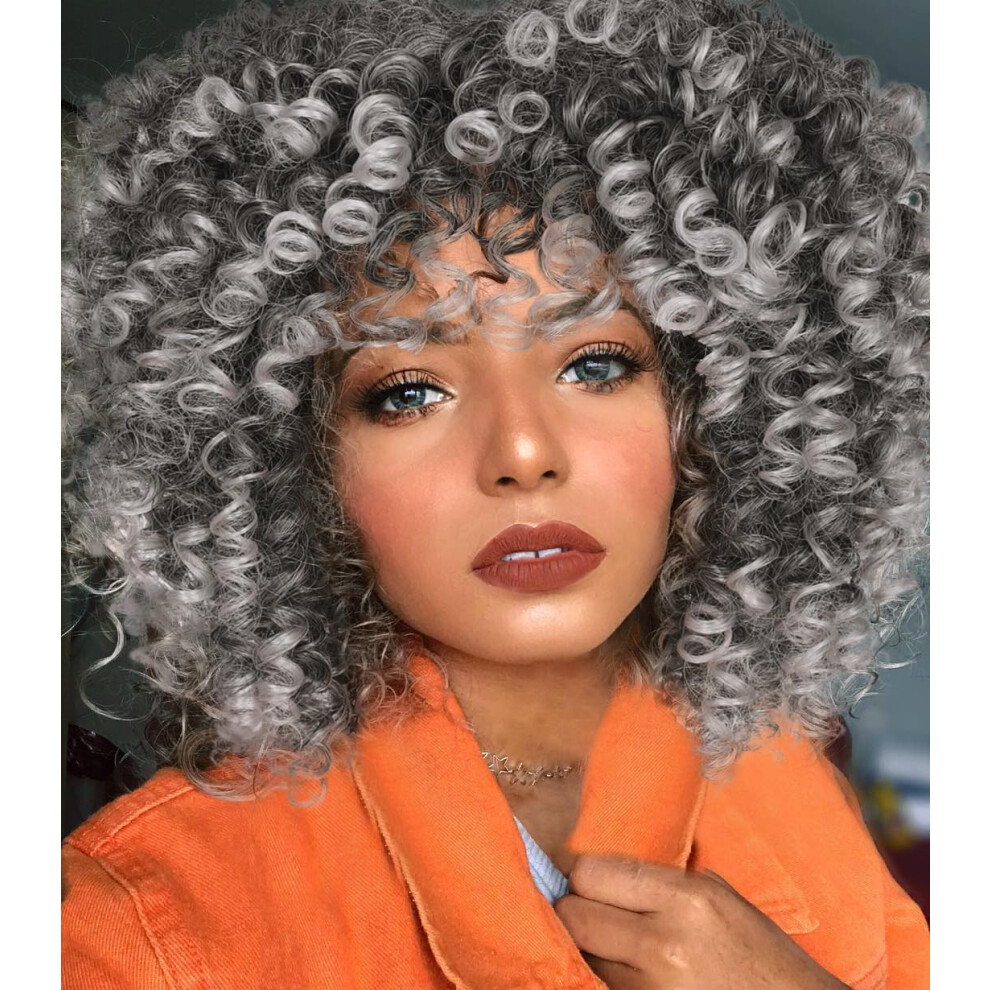 Unisex Grey Afro Curly Wig With Bangs Ombre Short Curly Wig For Women Heat Resistant Synthetic Hair