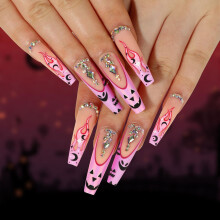 Halloween Press On Nails Long Coffin Fake Nails with Pumpkin and Rhinestone Design 24pcs Set