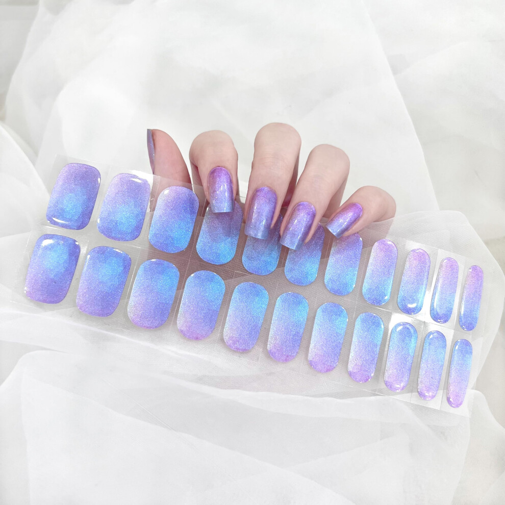 Blue,Purple Fully Cured Gel Nail Strips Holographic Blue Purple Gradient Nail Polish Wraps No Lamp Needed