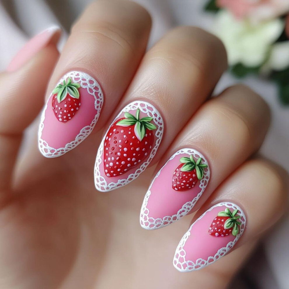 Pink Strawberry Press On Nails Medium Almond Acrylic False Nails Reusable Glossy French Nail Set 24Pcs
