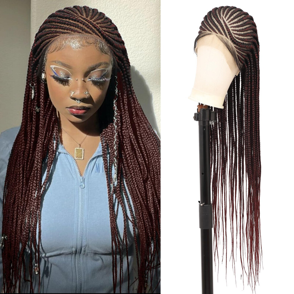 HD Lace Front Box Braids Wig 36 Inch Light Burgundy Red Handbraided Cornrow Style for Women