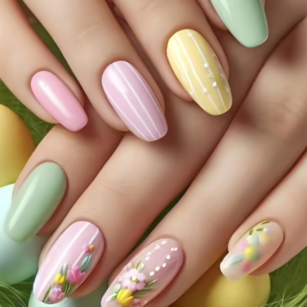 24Pcs Reusable Coffin Press on Nails Medium Floral Glossy Full Cover Fake Nails for Women