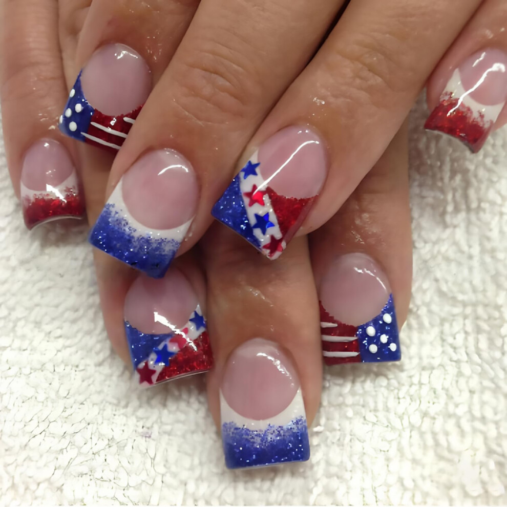 4th of July Press On Nails Short Square Red Blue Glitter Fake Nails Patriotic Design 24pcs