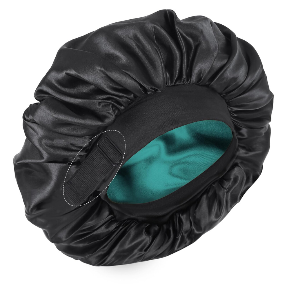 Double Layer Adjustable Satin Bonnet for Black Women, Reversible Silk Sleep Cap for Curly Hair, Black and Teal
