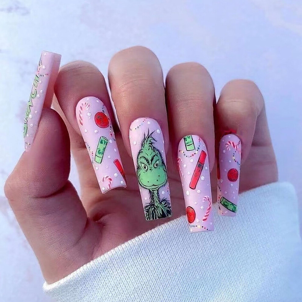 Green Christmas Press On Nails Set Long Square Grinch Inspired Fur Monster False Nails With Candy Cane Design 24Pcs