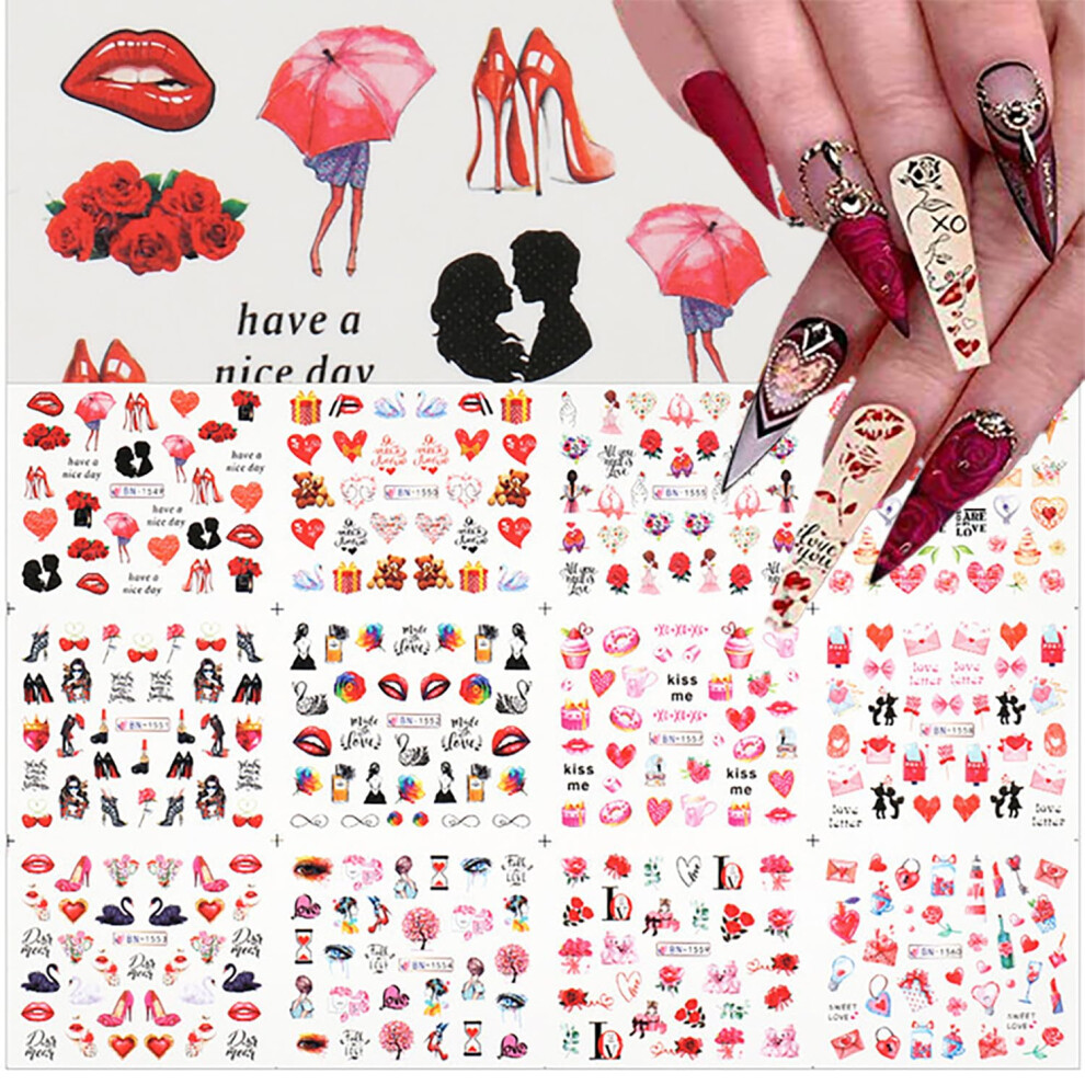 Valentine's Day Nail Stickers Rose Flower Red Lips Water Transfer Decals Romantic Heart Design Easy Salon Results