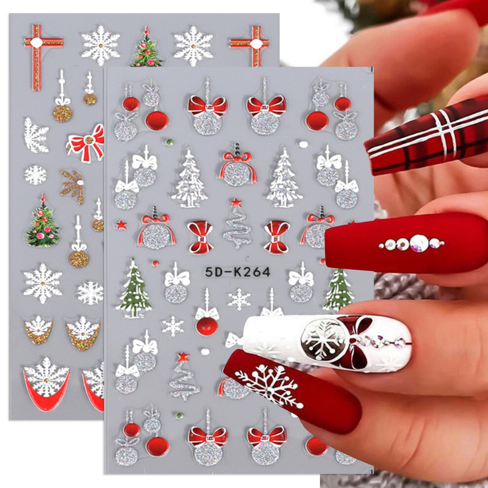 Gold/Silver 5D Christmas Nail Stickers Glitter French Tip Decals Snowflake Bell Xmas Tree Design