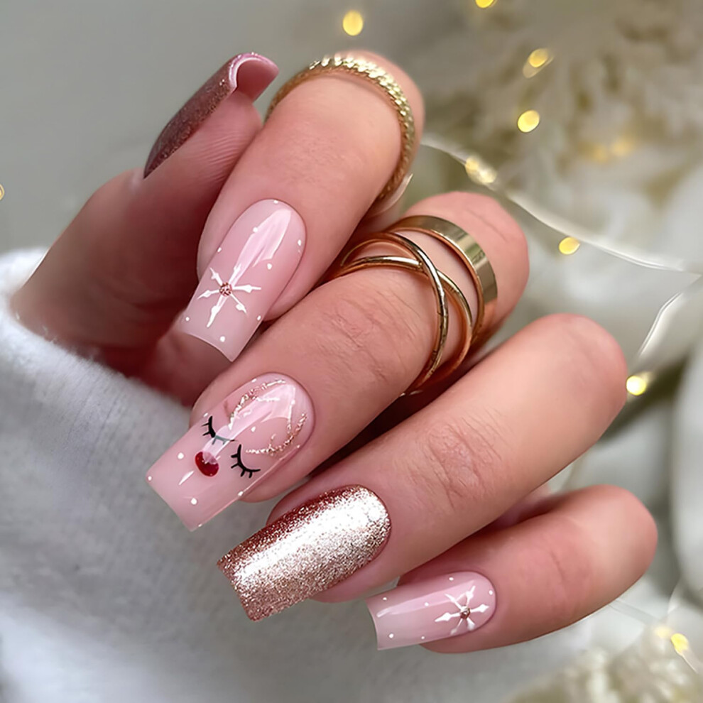 Pink Short Square Press On Nails Glitter Acrylic Fake Nails For Women Longlasting Glossy Set 24Pcs