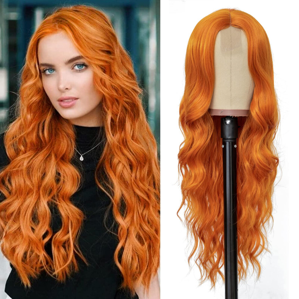 Unisex Orange 26 Inch Ginger Long Wavy Wig For Women, Heat Resistant Synthetic Hair With Realistic Hairline And Comfortable Fit