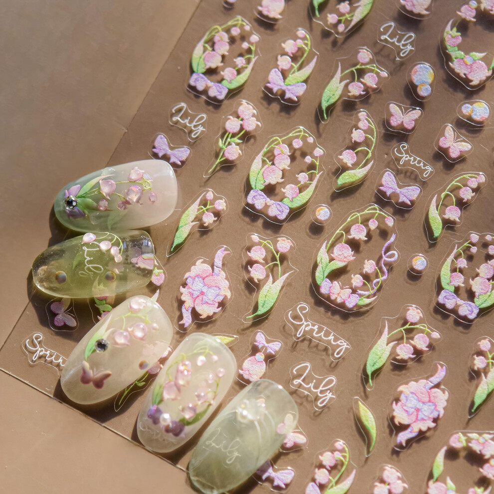 Pink Lily Of The Valley Nail Art Stickers, Summer Floral 3D Embossed Selfadhesive Decals For Diy Manicure