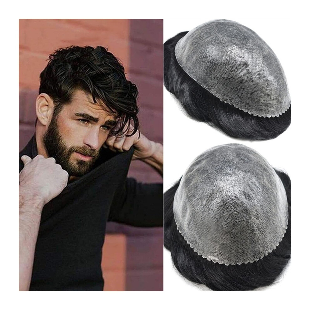 Men's Toupee 6x8 Thin Skin Human Hair Hairpiece Natural Soft Wavy Texture Invisible Knot Wig