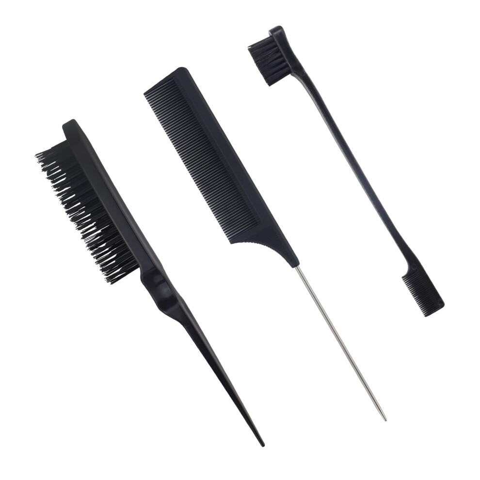 3 Piece Hair Brush and Teasing Comb Set with Boar Bristles for Salon Styling and Smooth Finish