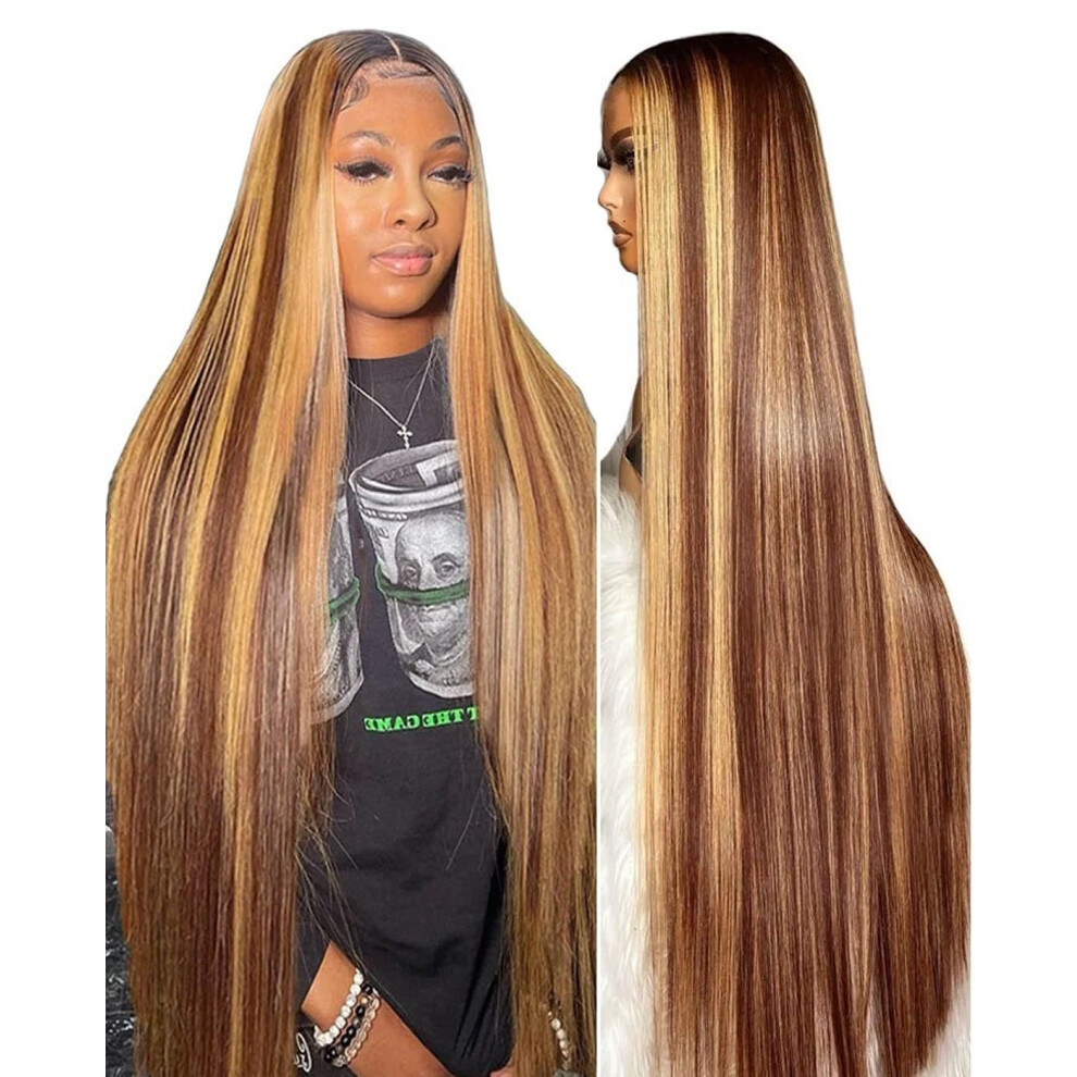 Unisex 32 Inch Ombre Honey Blonde Hd Lace Front Wig, 180% Density Human Hair, Preplucked Natural Hairline