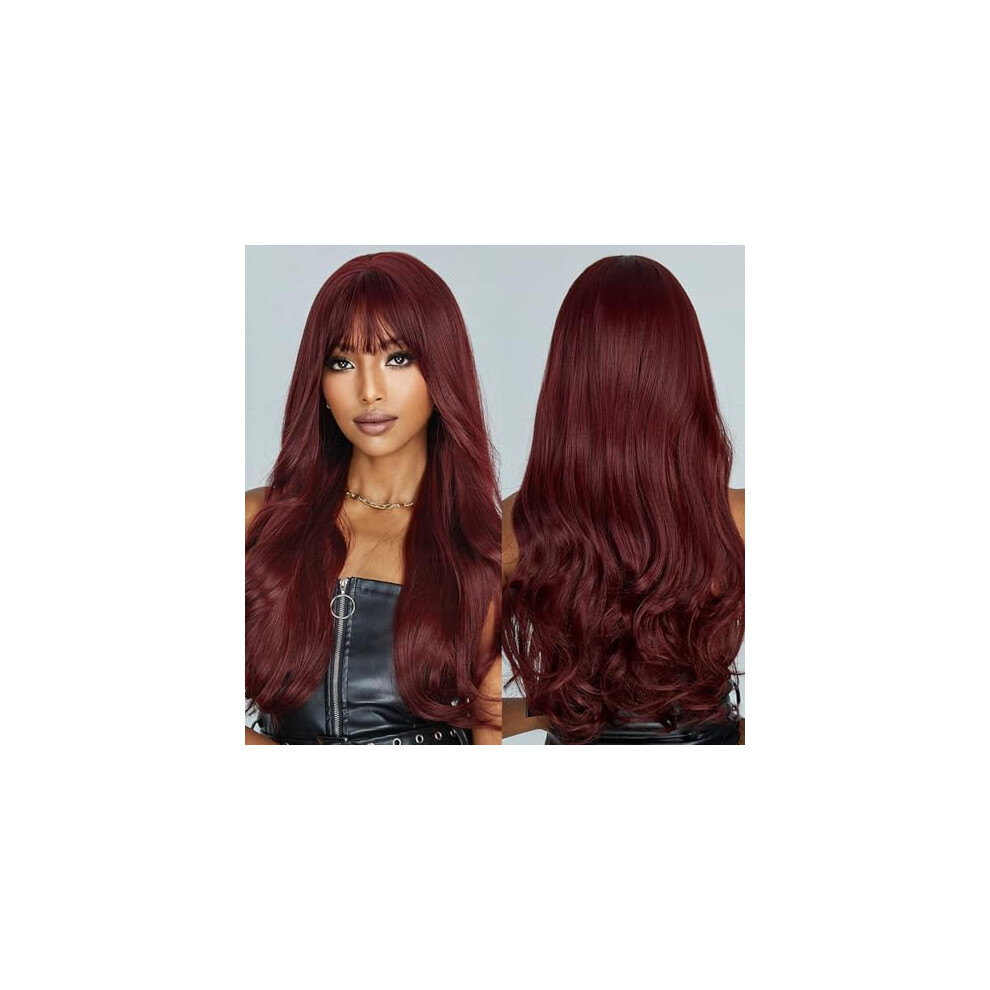 Burgundy Wavy Wig with Bangs Long Wine Red Heat Resistant Synthetic Hair for Women Cosplay Party