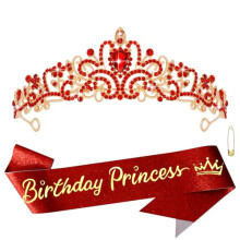Birthday Tiara and Sash Set for Girls, Red Crystal Princess Crown with Rhinestones, Sparkling Party Accessory