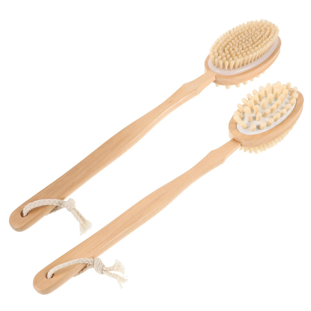 DualSided Bath Brush with Handle Soft Bristles and Massage Pad for Back Scrubbing and Exfoliating