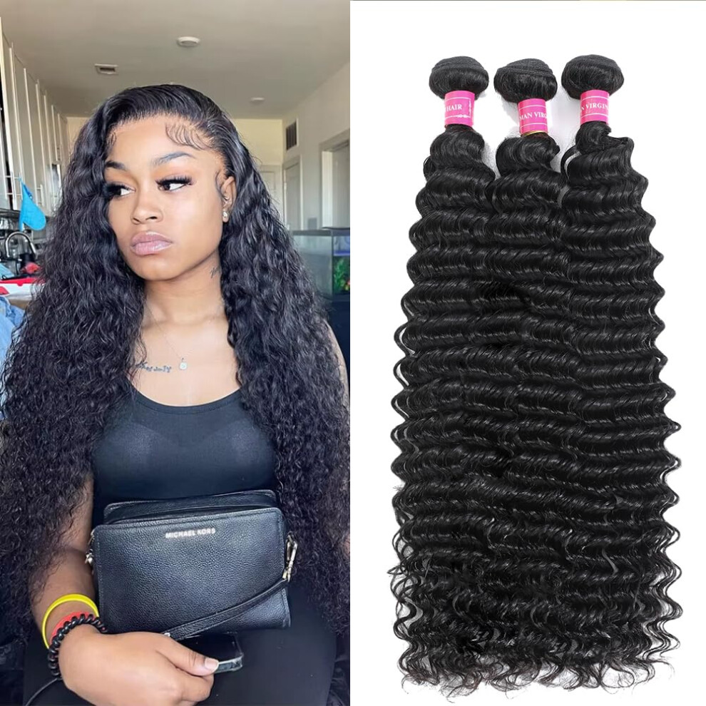 Unisex Black Brazilian Deep Wave Hair Bundles 12A Virgin Human Hair Extensions 3Pcs Natural Tangle Longlasting