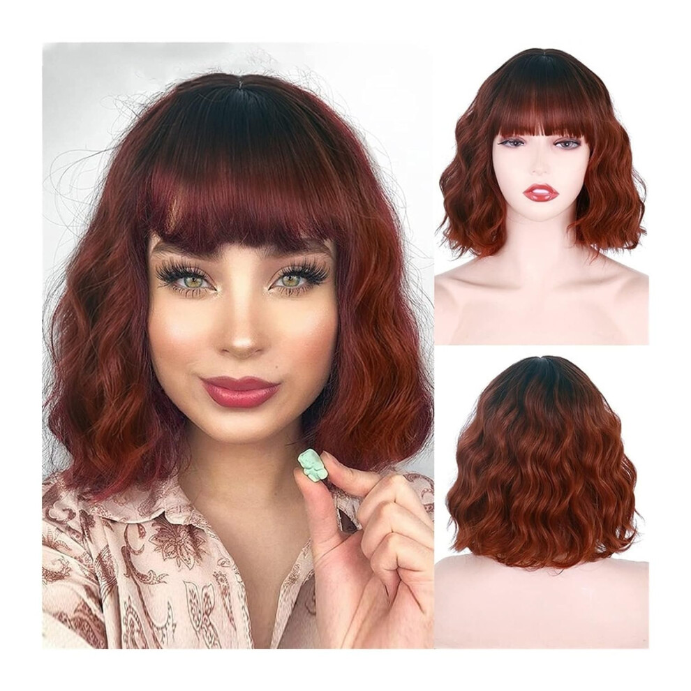 Short Bob Wig for Women 12 Inch Synthetic Wavy Wig with Bangs Heat Resistant Fiber