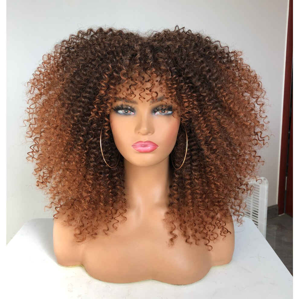 Unisex Black,Brown Afro Curly Wig With Bangs Brown Ombre, Glueless Natural Curly Wig For Black Women, Full Soft Curls