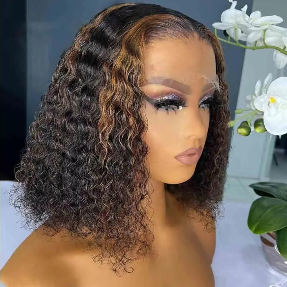 Unisex Human Hair Lace Front Wig 10 Inch Ombre Highlight Blonde Short Curly Bob Hd Transparent Glueless