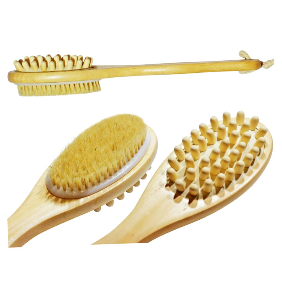 Wooden DoubleSided Bath Brush with Long Handle for Back Scrubbing and Full Body Exfoliation
