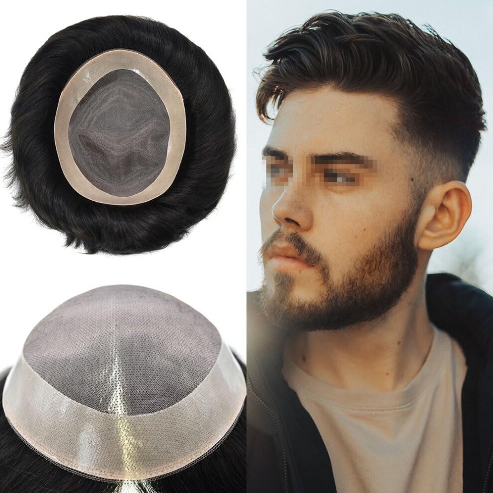 Unisex Black Men's Hair Toupee 7X9 Inch Off 1B Human Hair Replacement System Mono Base 120% Density Natural Hairline