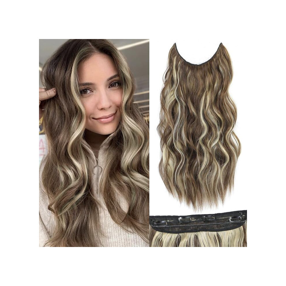 Unisex Brown 20 Inch Halo Hair Extensions Wavy Synthetic Hairpiece Invisible Wire With Adjustable Secure Clips Blonde Mix