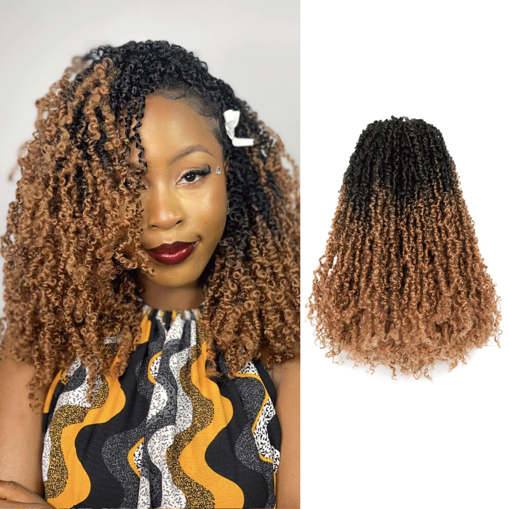 Unisex Brown 14 Inch Ombre Pretwisted Crochet Hair Extensions, Fluffy Mini Passion Twist Braids 8 Packs