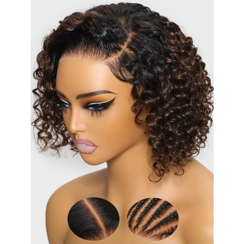 Unisex Brown Ombre Human Hair Bob Wig Short Curly Glueless Lace Front 7X5 Hd Pre Bleached Pre Plucked